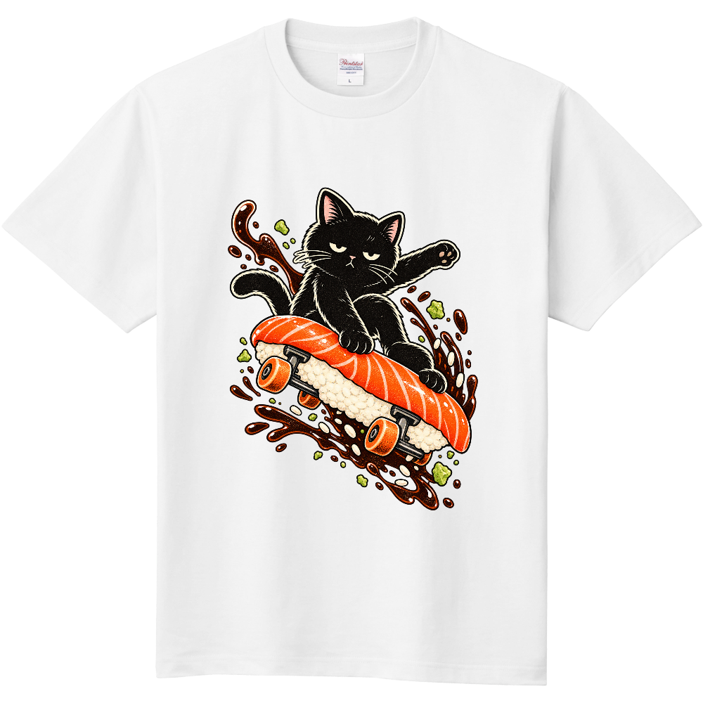 Grumpy Black Cat Salmon Sushi Skateboard T-Shirt / サーモン寿司スケボーで滑走する不機嫌な黒猫 Tシャツ