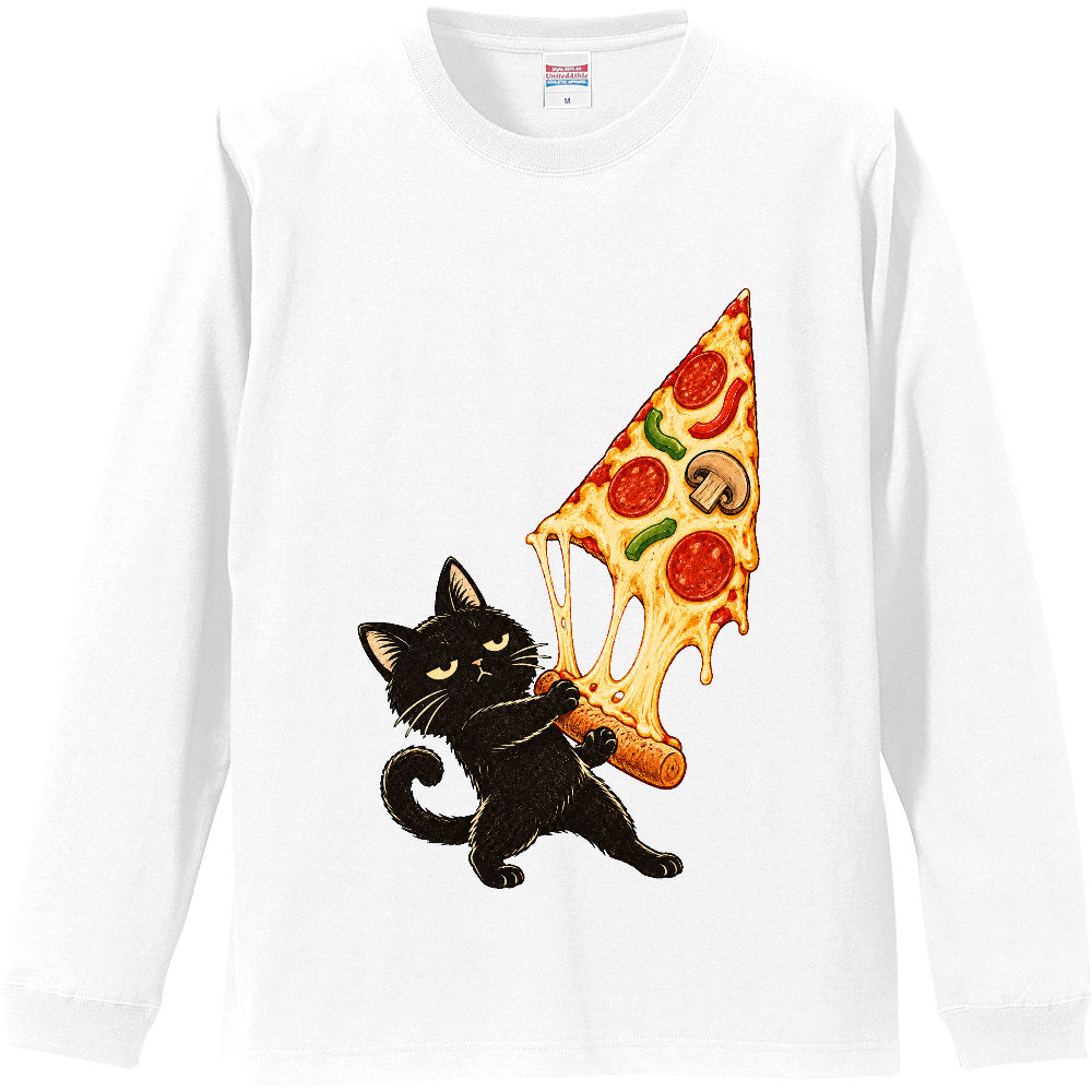 Grumpy Black Cat Cheese Pizza Thief Long Sleeve T-Shirt / とろーりチーズピザを持ち去る不機嫌な黒猫 長袖Tシャツ