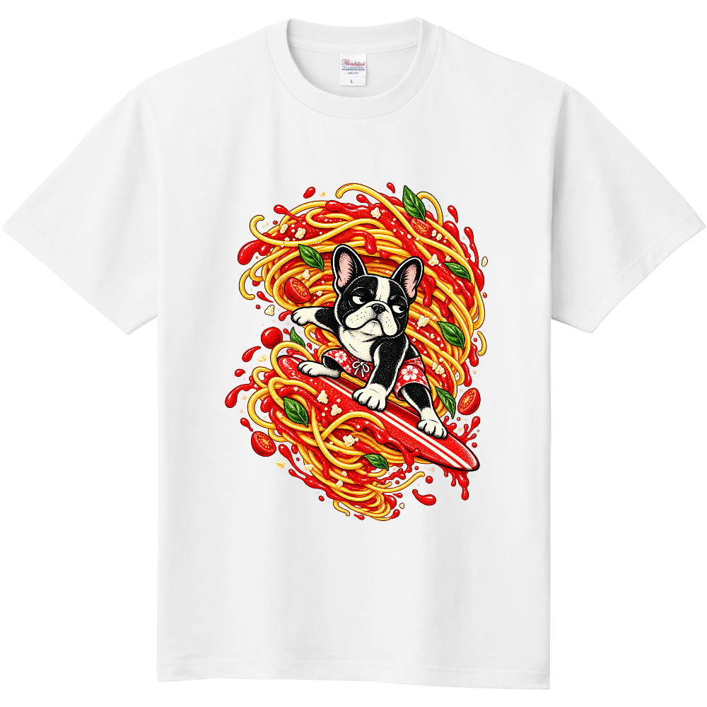 Grumpy French Bulldog Spaghetti Surfing T-Shirt / ナポリタンスパゲッティの波に乗る不機嫌なフレンチブルドッグ Tシャツ