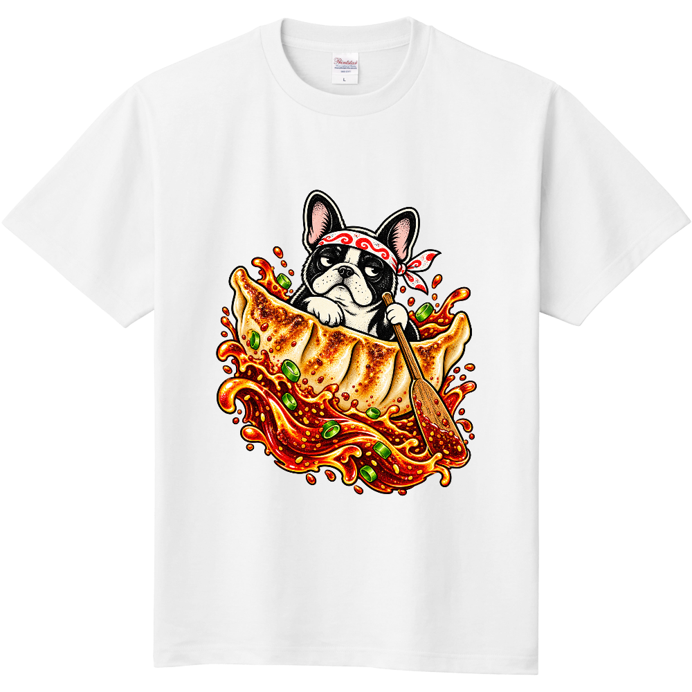 Grumpy French Bulldog Gyoza Boat Surfing T-Shirt / 餃子ボートでラー油の海を漕ぐ不機嫌なフレンチブルドッグ Tシャツ