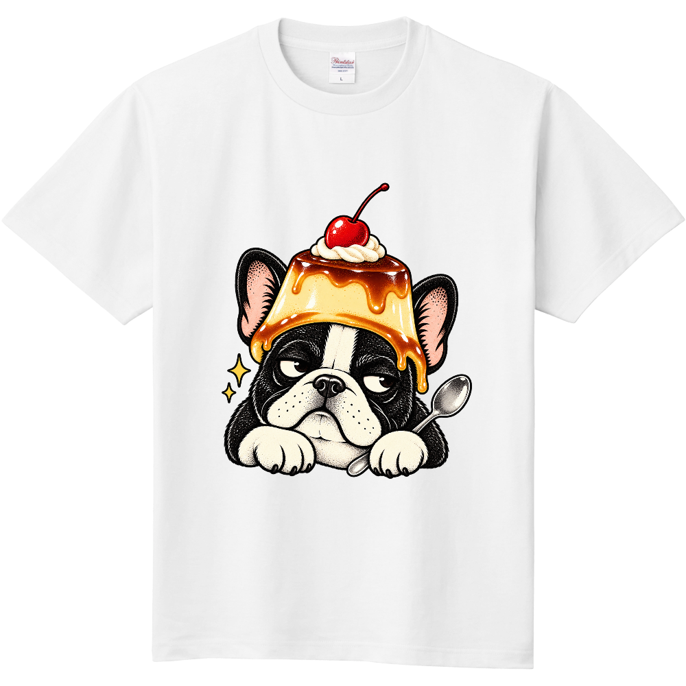Grumpy French Bulldog Pudding Hat T-Shirt / 喫茶プリンを被った不機嫌なフレンチブルドッグ Tシャツ