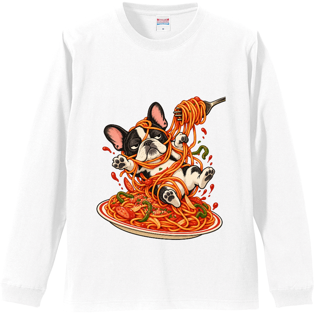 Grumpy Frenchie Neapolitan Spaghetti Long Sleeve T-Shirt / ナポリタンにからまる不機嫌なフレンチブルドッグ 長袖Tシャツ