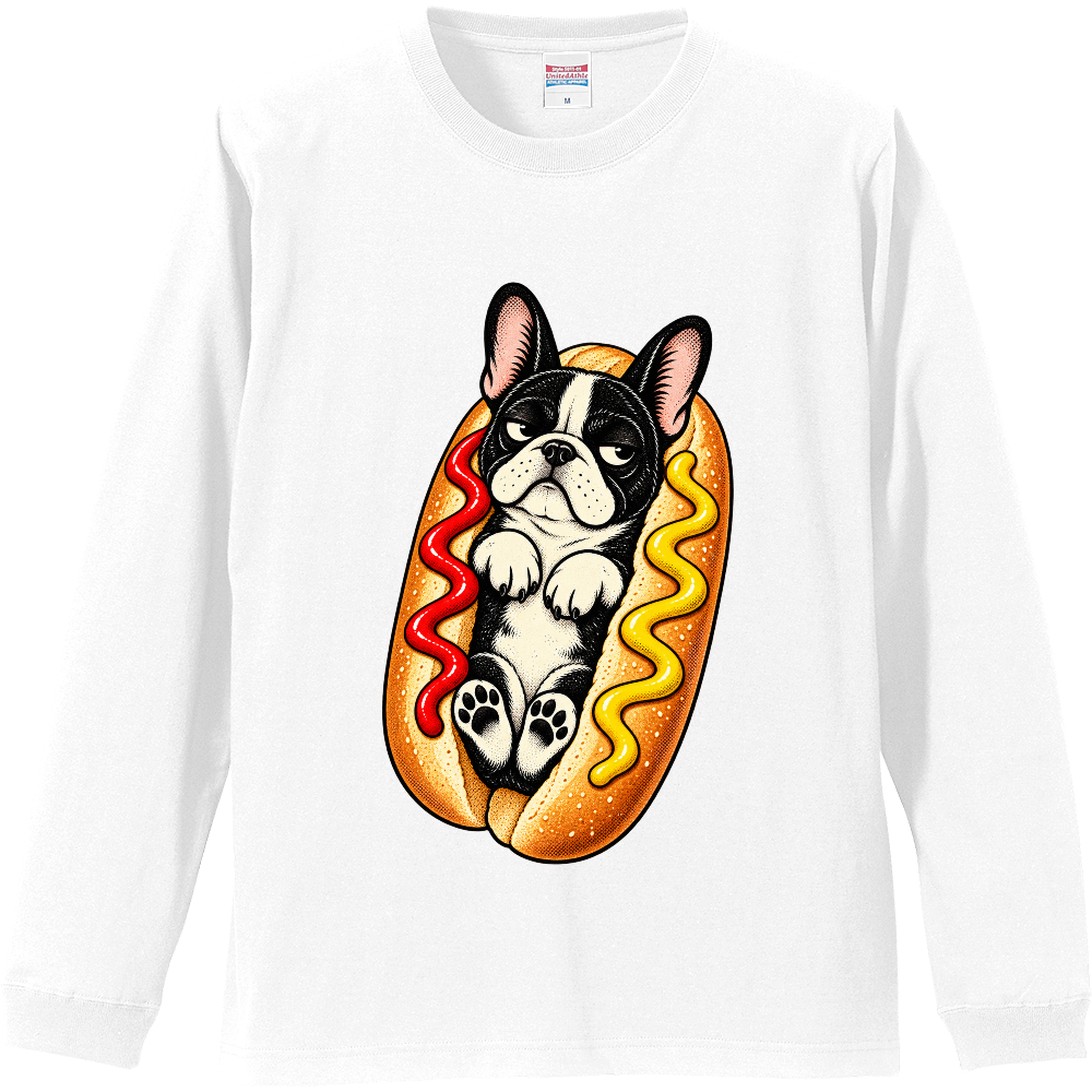 Grumpy French Bulldog Hot Dog Long Sleeve T-Shirt / ホットドッグに挟まれた不機嫌なフレンチブルドッグ 長袖Tシャツ