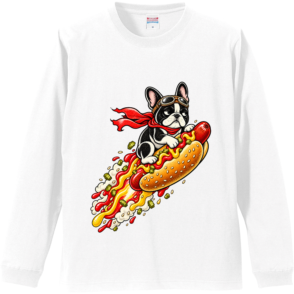 Grumpy French Bulldog Flying Hot Dog Long Sleeve T-Shirt / ホットドッグロケットで空を飛ぶ不機嫌なフレンチブルドッグ 長袖Tシャツ