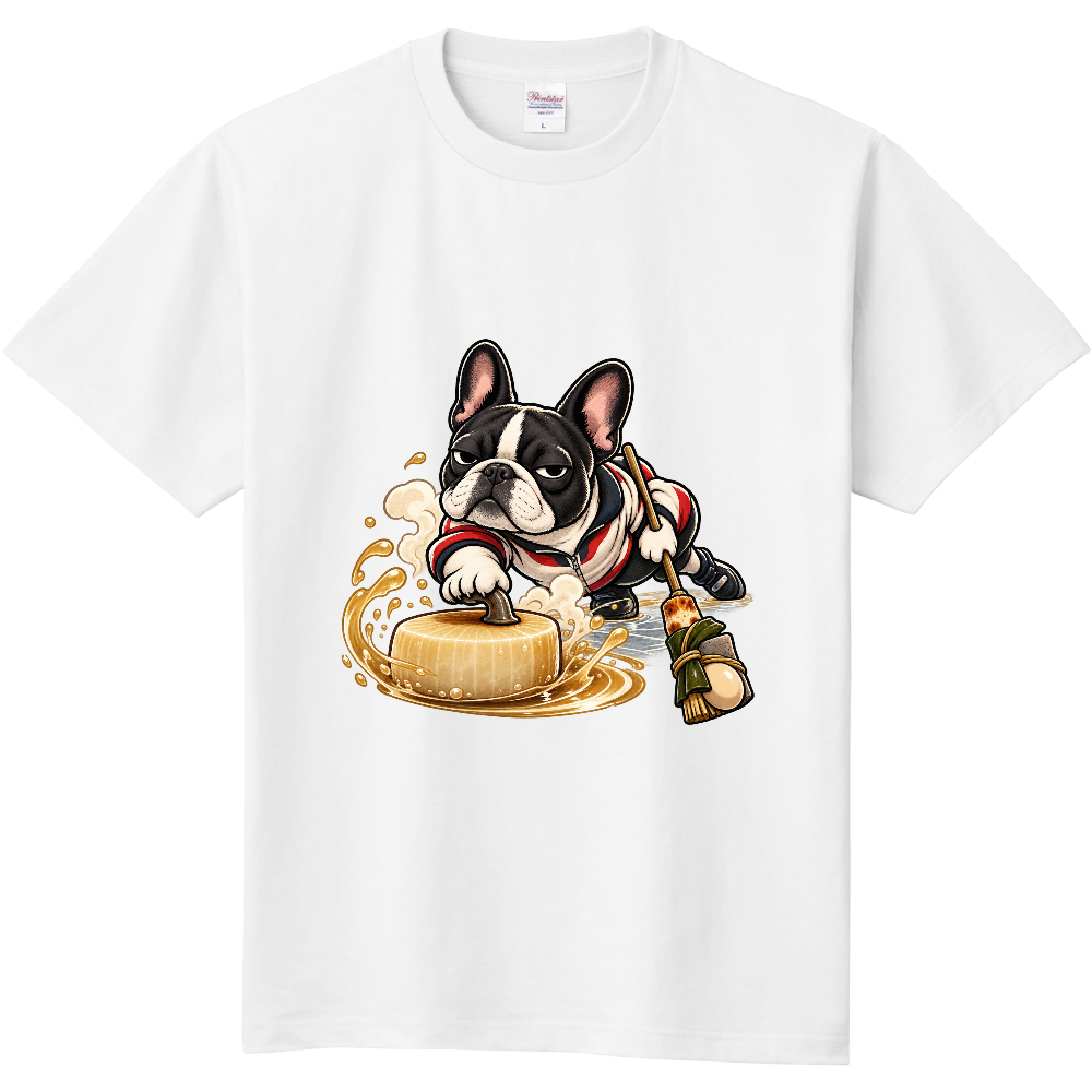 Grumpy French Bulldog Beer & Radish Curling T-Shirt / 居酒屋カーリングをする不機嫌なフレンチブルドッグ Tシャツ