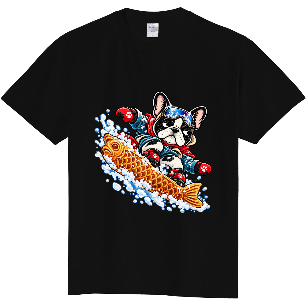 Grumpy French Bulldog Taiyaki Snowboarding T-Shirt / たい焼きスノボで雪山を滑る不機嫌なフレンチブルドッグ Tシャツ