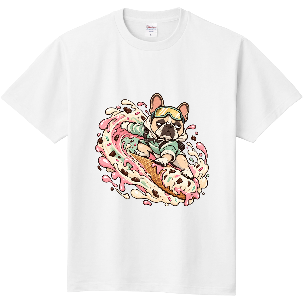 Grumpy French Bulldog Ice Cream Surfing T-Shirt / アイスクリームの波に乗る不機嫌なフレンチブルドッグ Tシャツ