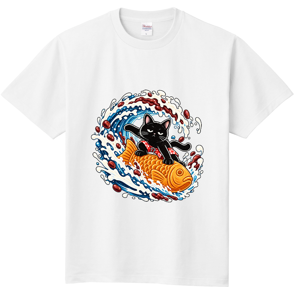 Black Cat Sea Bream Wave Surfing T-Shirt / 浮世絵風 鯛に乗って荒波を超える黒猫 Tシャツ