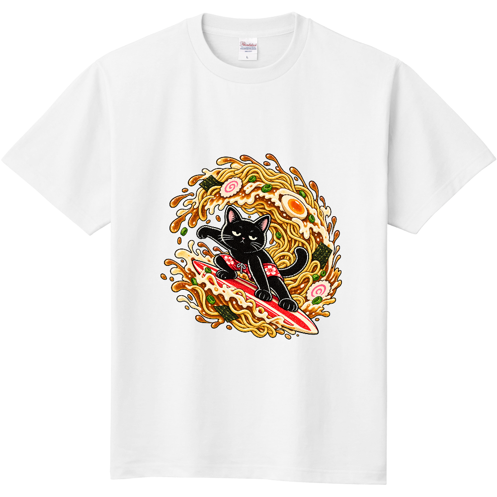 Grumpy Black Cat Ramen Surfing T-Shirt / ラーメンの波に乗る不機嫌な黒猫 Tシャツ