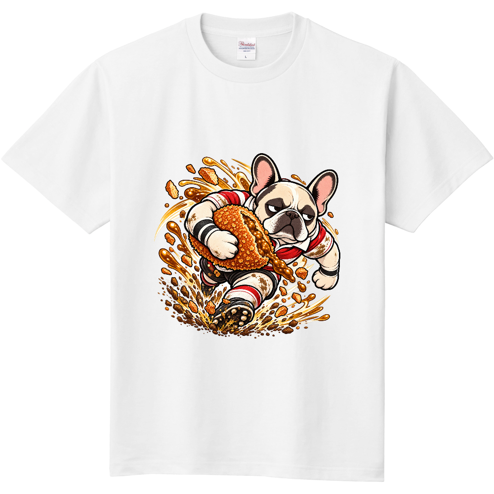 Grumpy French Bulldog Fried Chicken Rugby T-Shirt / 骨付きチキンで猛ダッシュする不機嫌なフレンチブルドッグ Tシャツ
