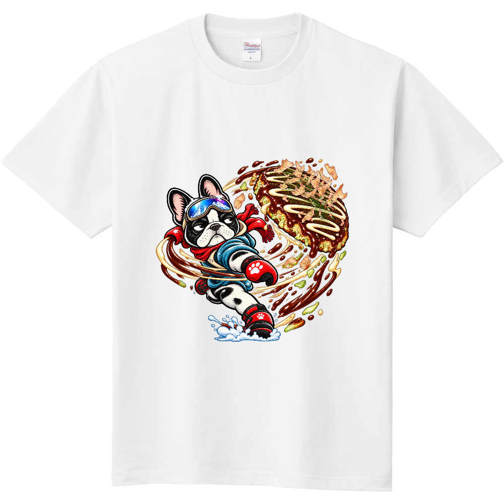 Grumpy French Bulldog Okonomiyaki Hero T-Shirt / お好み焼きフライングディスクと不機嫌なフレンチブルドッグ Tシャツ
