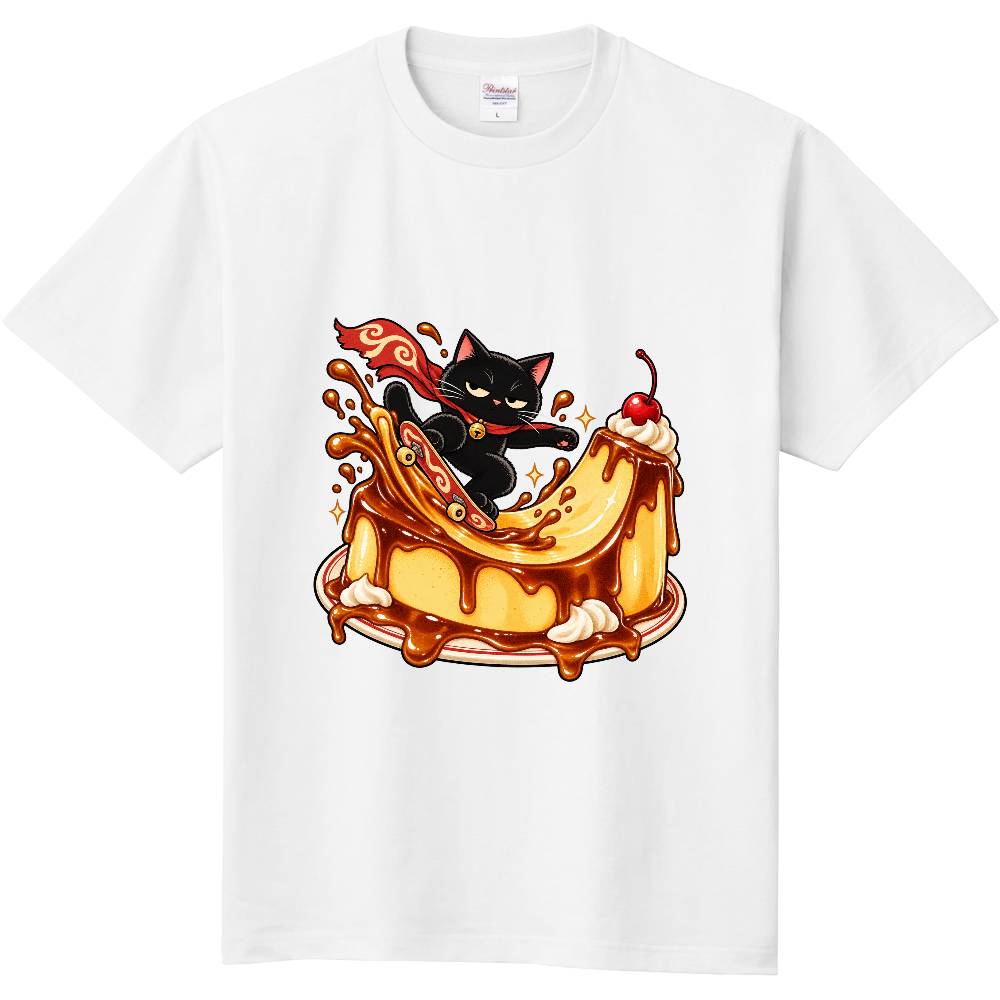 Grumpy Black Cat Pudding Halfpipe T-Shirt / カスタードプリンのハーフパイプを滑る不機嫌な黒猫 Tシャツ