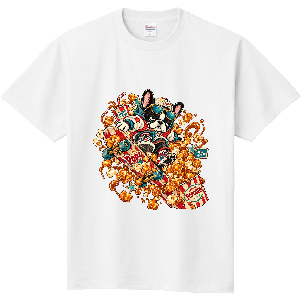 Grumpy French Bulldog Caramel Popcorn Skateboarding T-Shirt / キャラメルポップコーンの波に乗るスケボーフレブル Tシャツ