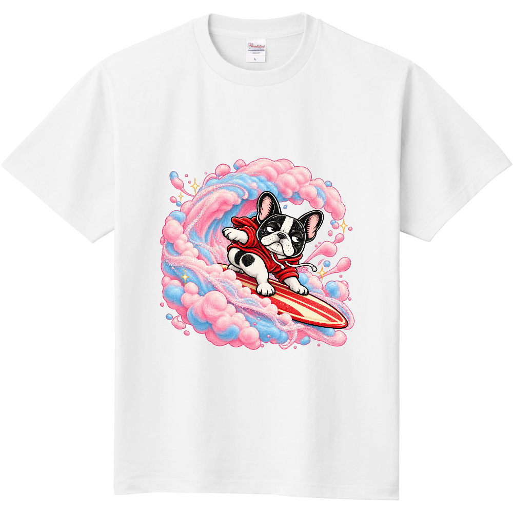 Grumpy French Bulldog Cotton Candy Surfing T-Shirt / わたあめの雲を滑る不機嫌なフレンチブルドッグ Tシャツ