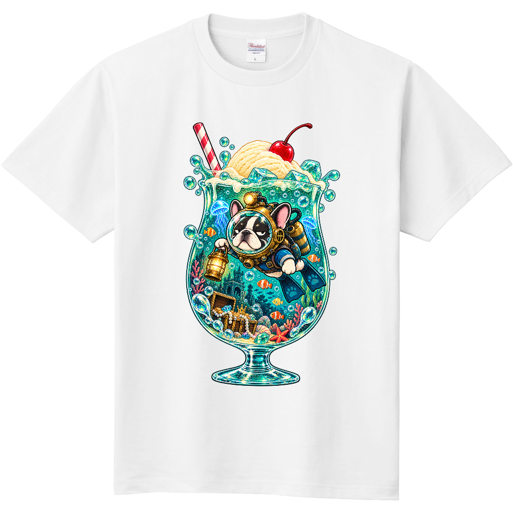 Grumpy French Bulldog Cream Soda Scuba Diving T-Shirt / クリームソーダで潜水する不機嫌なフレンチブルドッグ Tシャツ