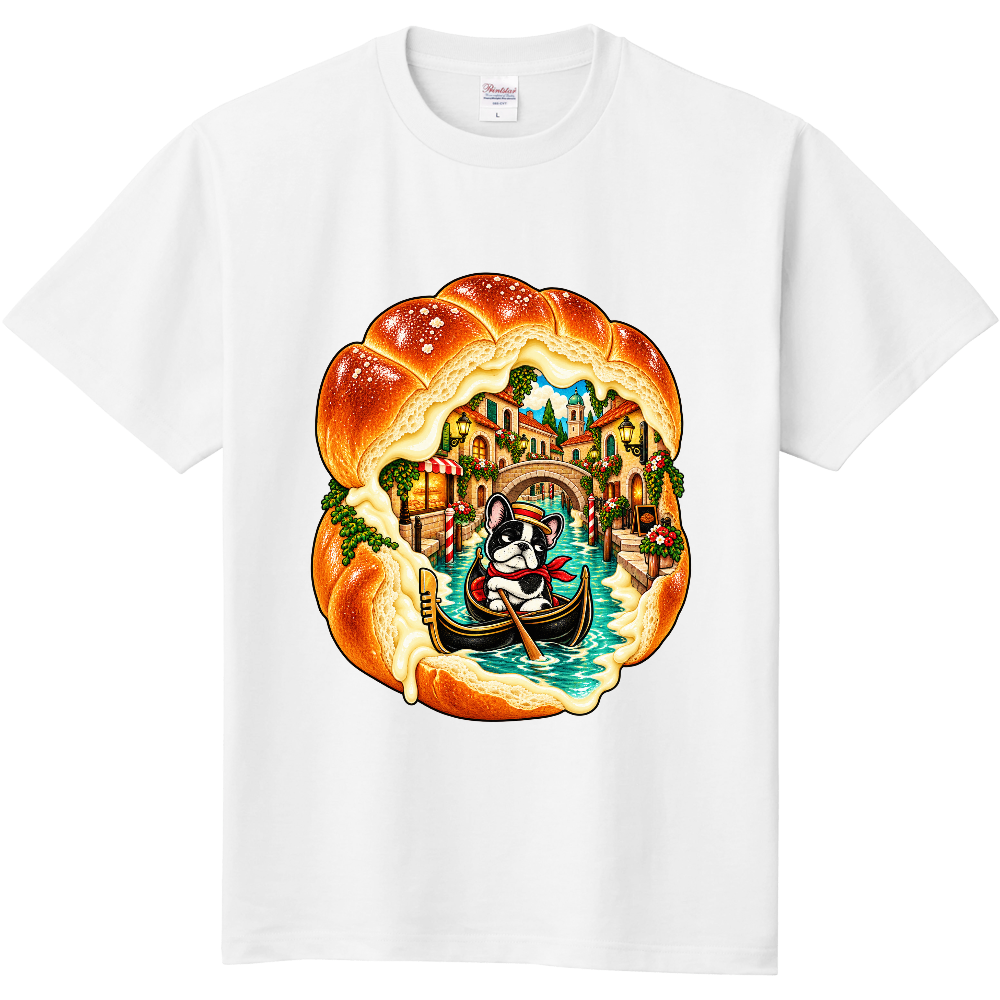 Grumpy French Bulldog Cream Bun Gondola T-Shirt / クリームパンの中のゴンドラと不機嫌なフレンチブルドッグ Tシャツ