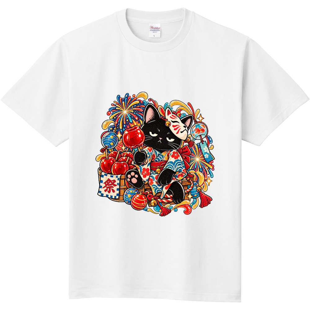 Japanese Summer Festival Black Cat Fireworks T-Shirt / 花火とりんご飴と夏祭り黒猫 Tシャツ