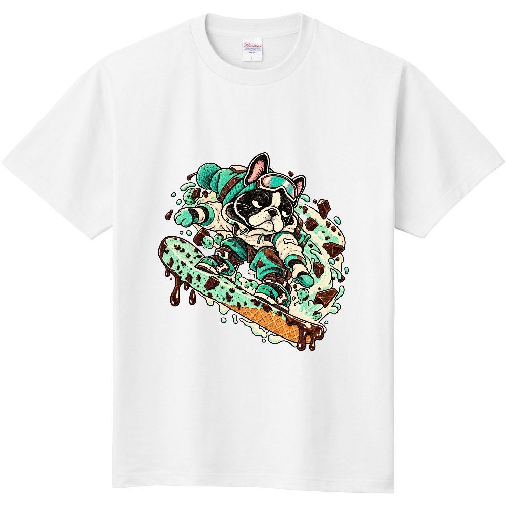 Grumpy French Bulldog Chocolate Mint Snowboarding T-Shirt / チョコミントスノボと不機嫌なフレンチブルドッグ Tシャツ