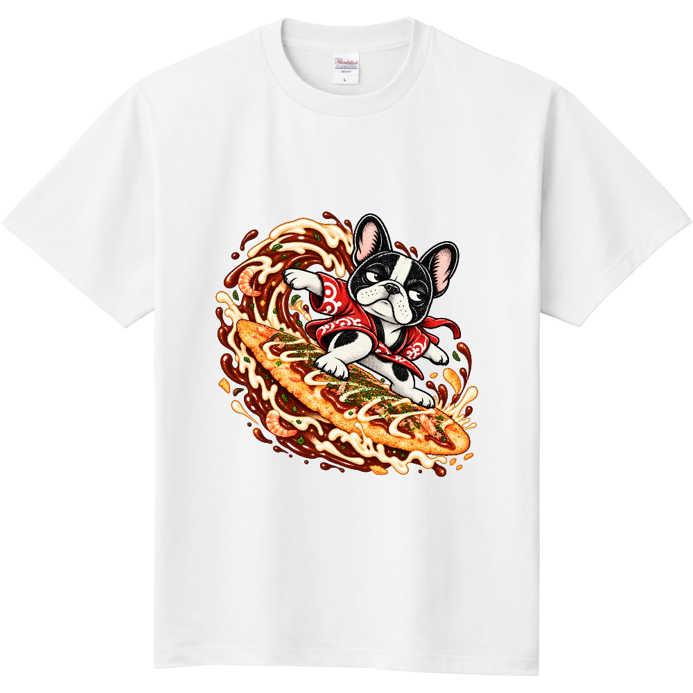 Grumpy French Bulldog Takosen (Octopus Cracker) Surfing T-Shirt / たこせんサーフィンと不機嫌なフレンチブルドッグ Tシャツ