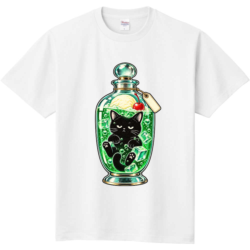 Floating Grumpy Black Cat Melon Soda Bottle T-Shirt / ソーダの中に浮かぶ不機嫌な黒猫 Tシャツ