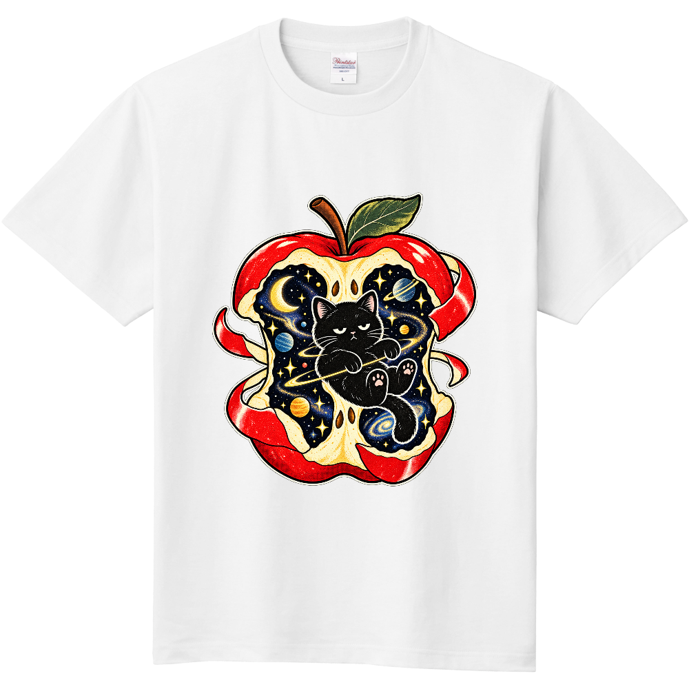 Grumpy Black Cat Floating in Apple Galaxy T-Shirt / リンゴの宇宙に浮かぶ不機嫌な黒猫 Tシャツ