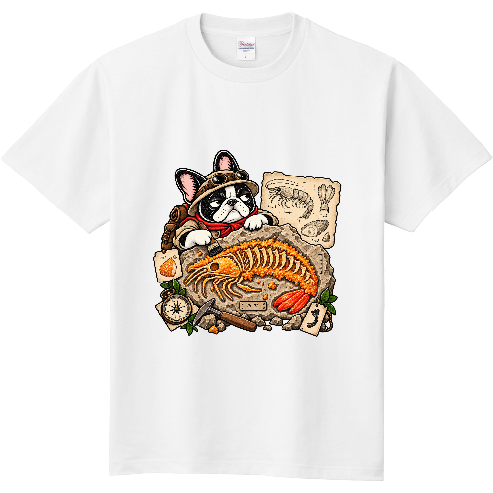 Grumpy French Bulldog Fried Shrimp Fossil Archaeologist T-Shirt / エビフライ化石発掘と不機嫌なフレンチブルドッグ Tシャツ