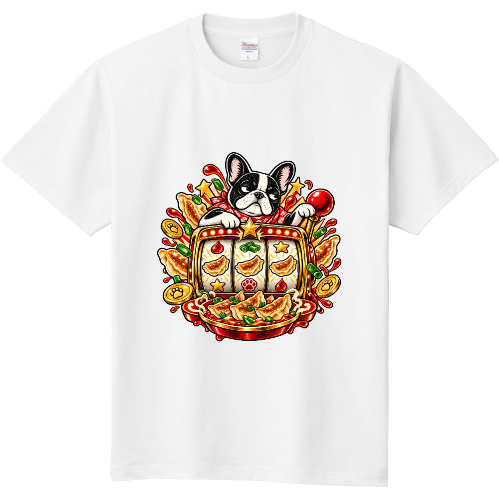 Grumpy French Bulldog Gyoza Dumpling Slot Machine T-Shirt / 餃子スロットと不機嫌なフレンチブルドッグ Tシャツ