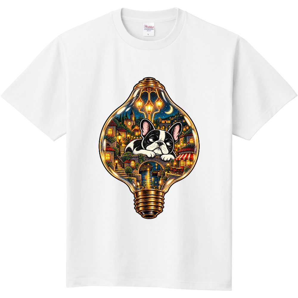 Grumpy French Bulldog Lightbulb Night Town T-Shirt / 電球の街並みと不機嫌なフレンチブルドッグ Tシャツ