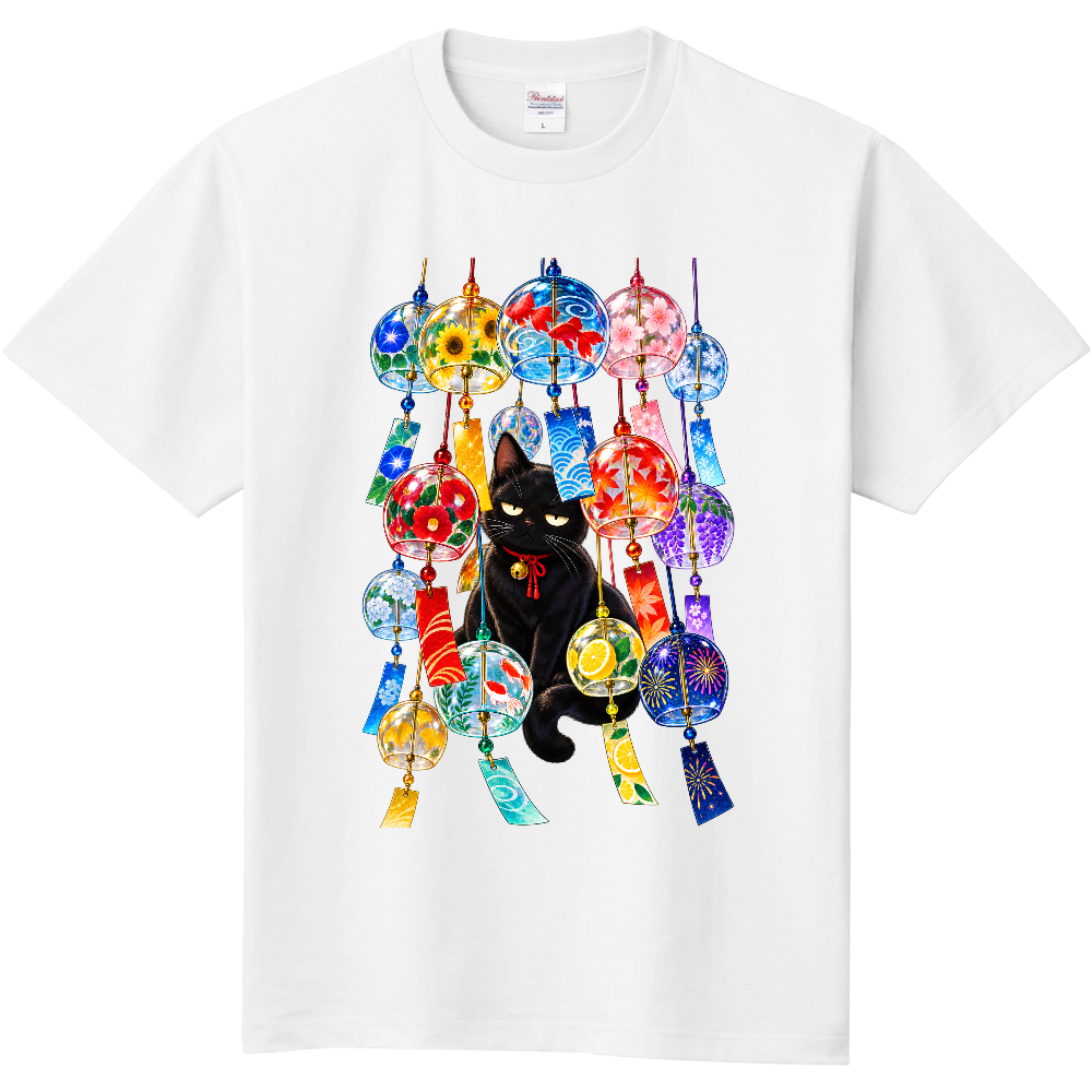 Grumpy Black Cat Colorful Wind Chimes T-Shirt / 色鮮やかな風鈴と不機嫌な黒猫 Tシャツ