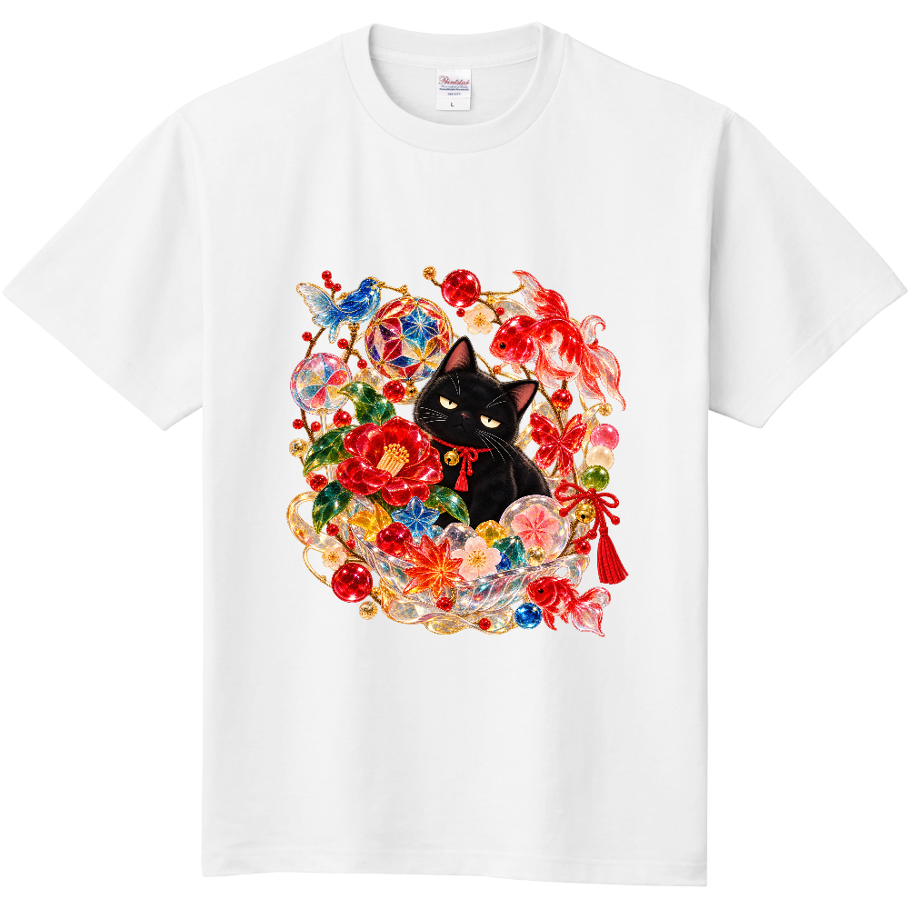 Grumpy Black Cat Japanese Glass Art & Camellia T-Shirt / 玻璃椿と金魚と不機嫌な黒猫 Tシャツ