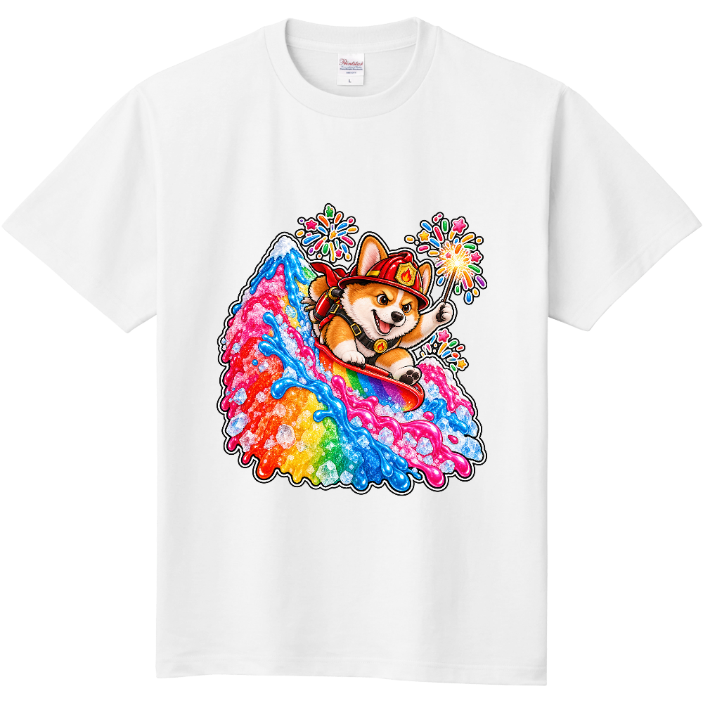 Firefighter Corgi Rainbow Shaved Ice T-Shirt / 消防士コーギーとレインボーかき氷 Tシャツ