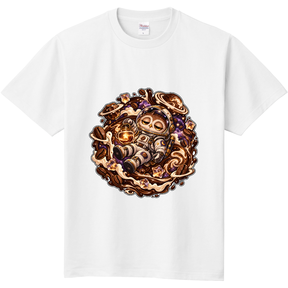 Dreamy Owl Astronaut Coffee Galaxy T-Shirt / 宇宙飛行士フクロウとコーヒー宇宙 Tシャツ