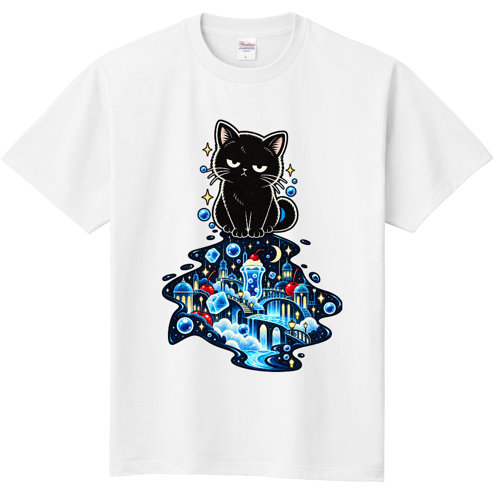 【影の世界】不機嫌な黒猫と光る氷の街 Tシャツ / Grumpy Black Cat in the Shadow World