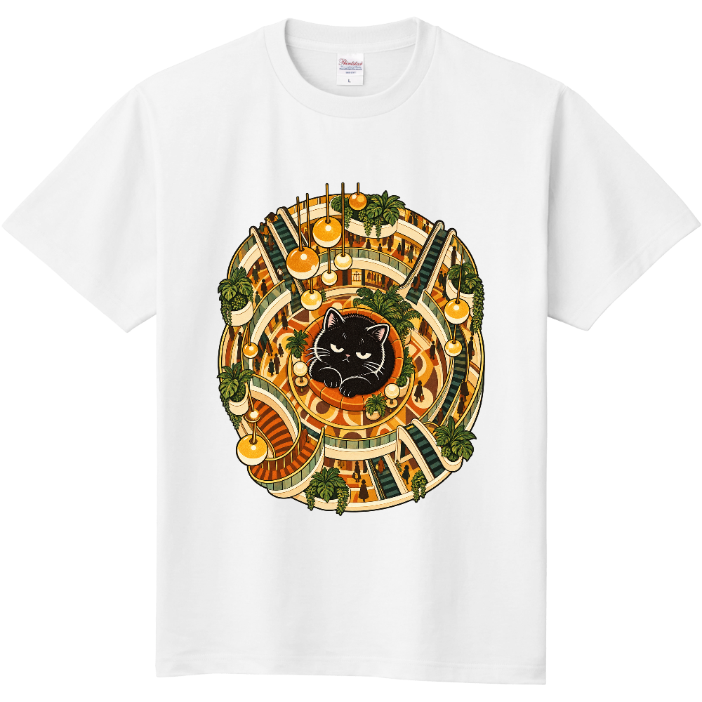 【影の世界】不機嫌な黒猫とデパート吹き抜け Tシャツ / Grumpy Black Cat in the Shadow World Atrium