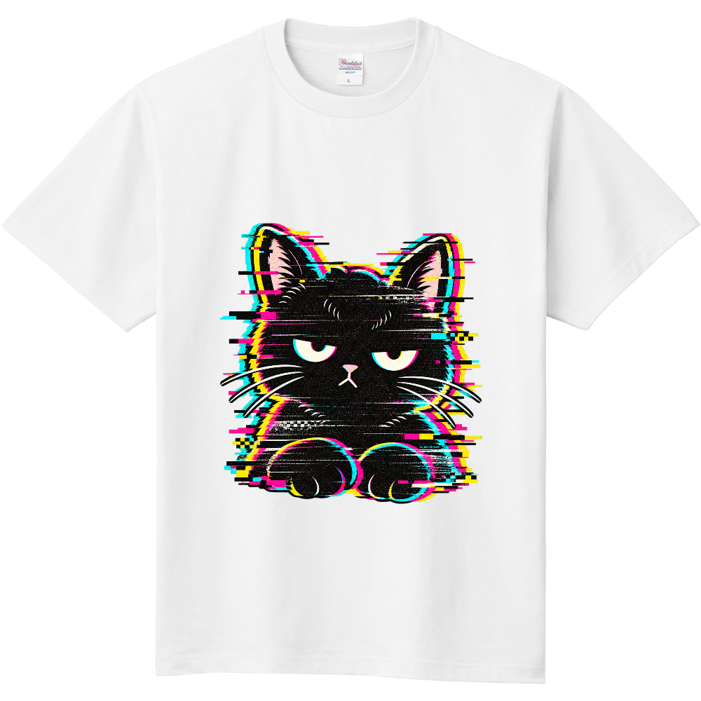 【影の世界】不機嫌な黒猫とノイズアップ Tシャツ / Grumpy Black Cat in the Shadow World Noise Up