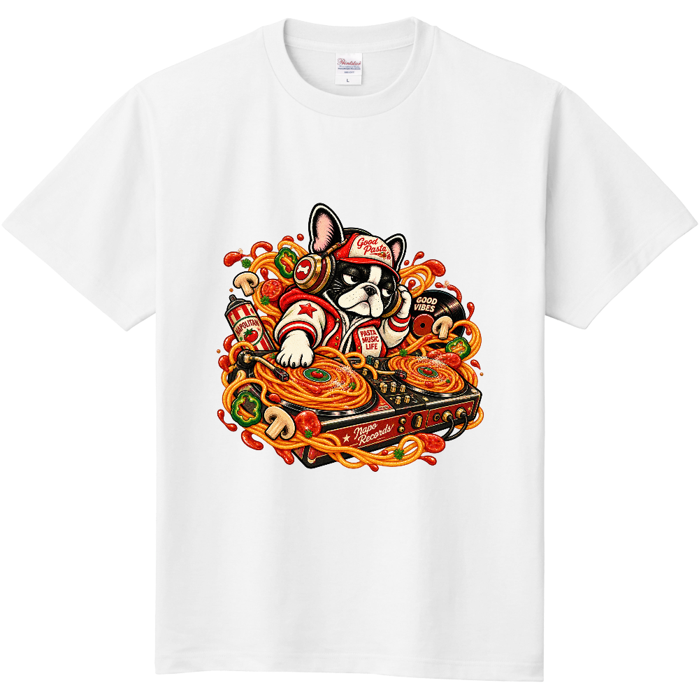 不機嫌なフレブルとナポリタンDJ Tシャツ / Grumpy Frenchie DJ Napolitan