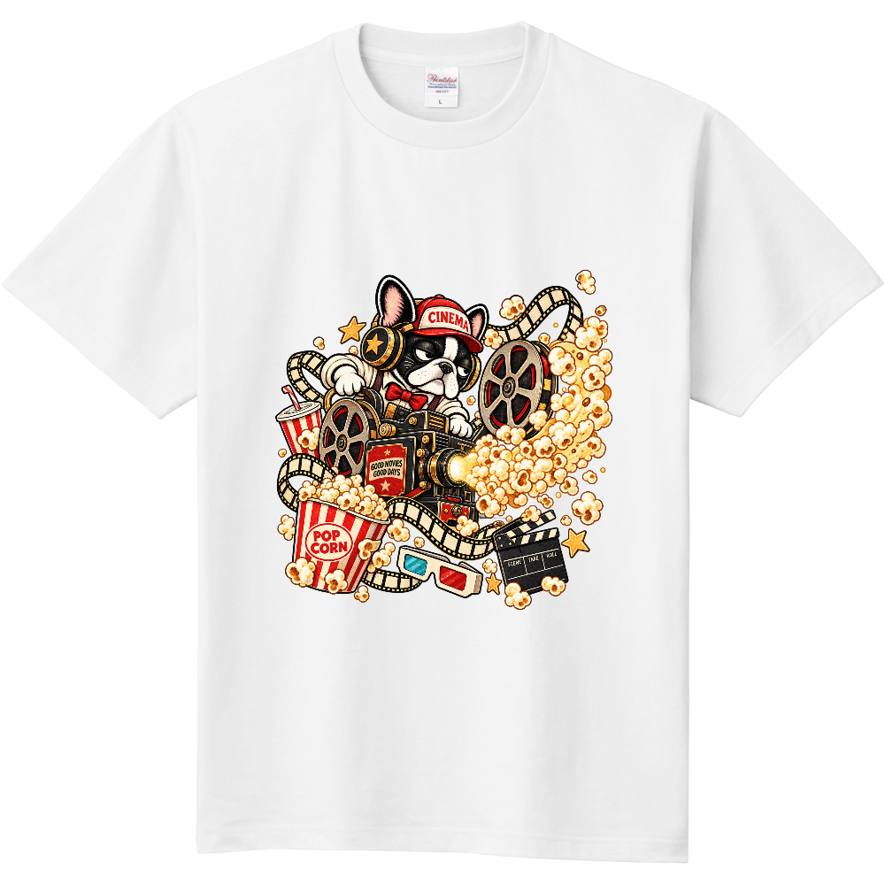 不機嫌なフレブルとシネマポップコーン Tシャツ / Grumpy Frenchie Cinema Popcorn