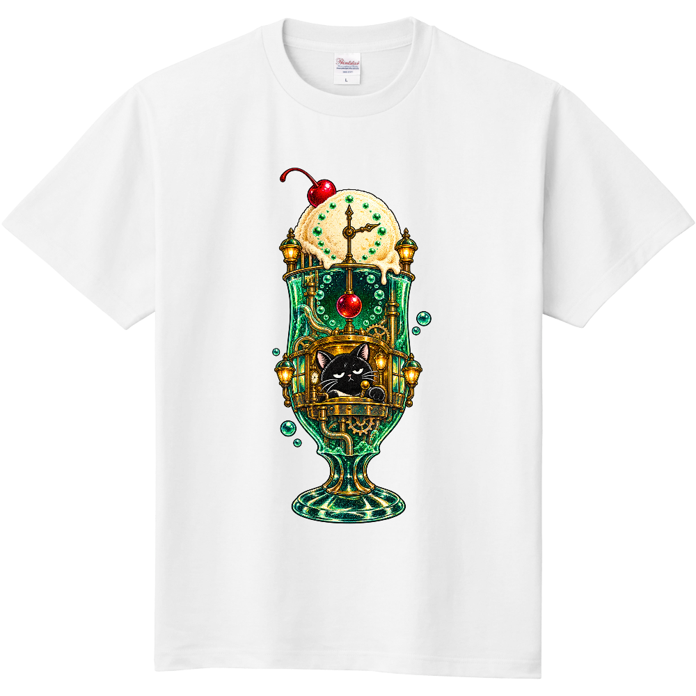 不機嫌な黒猫とクリームソーダ時計塔 Tシャツ / Grumpy Black Cat Cream Soda Clock Tower