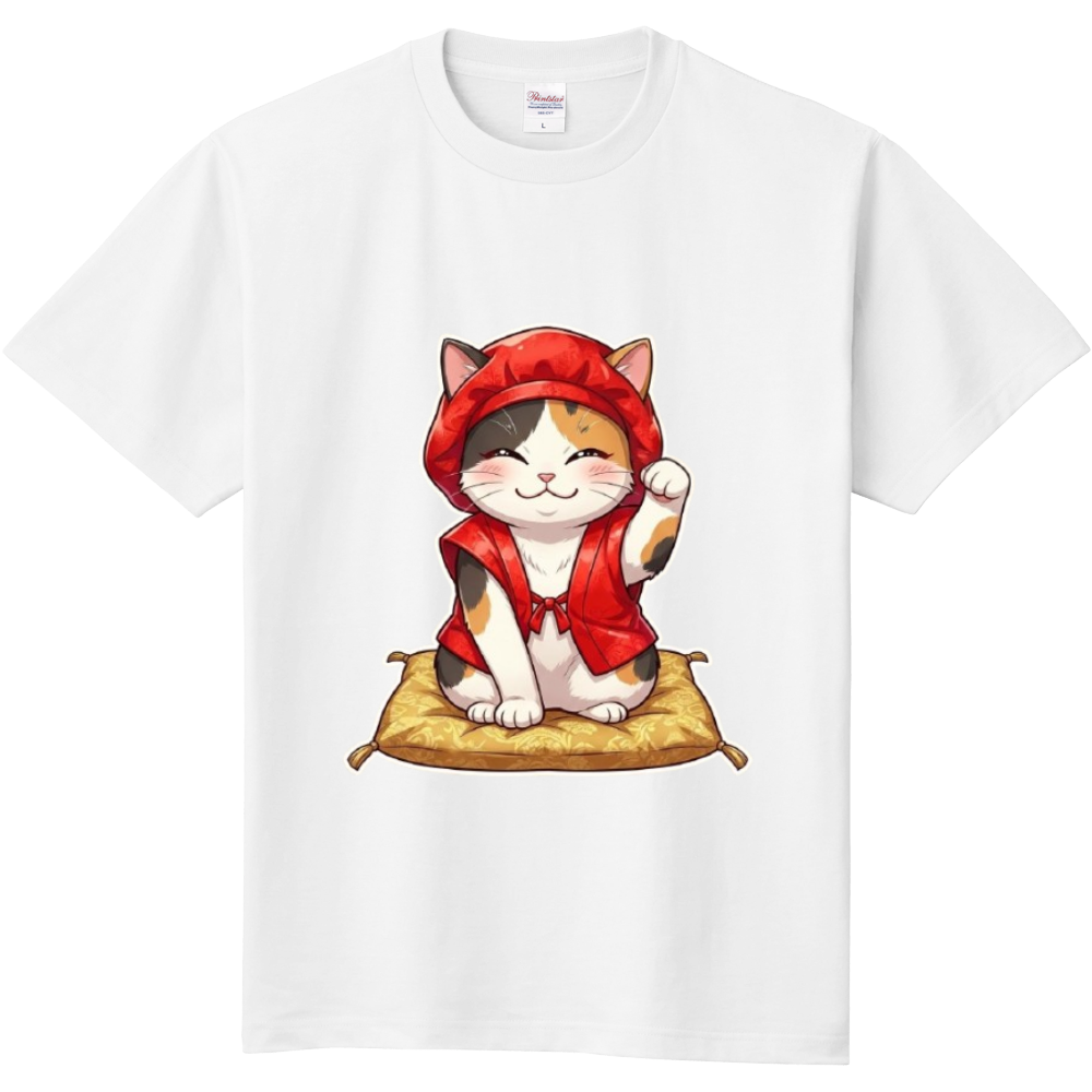 ネコちゃんの還暦祝い(三毛猫・赤いちゃんちゃんこ)白Tバージョン