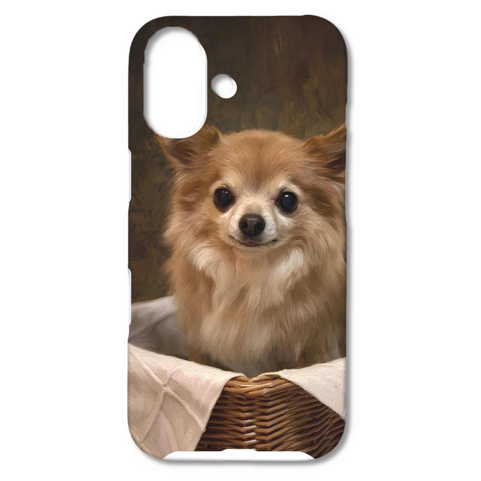 【iPhone17ケース】バスケットとチワワの絵画