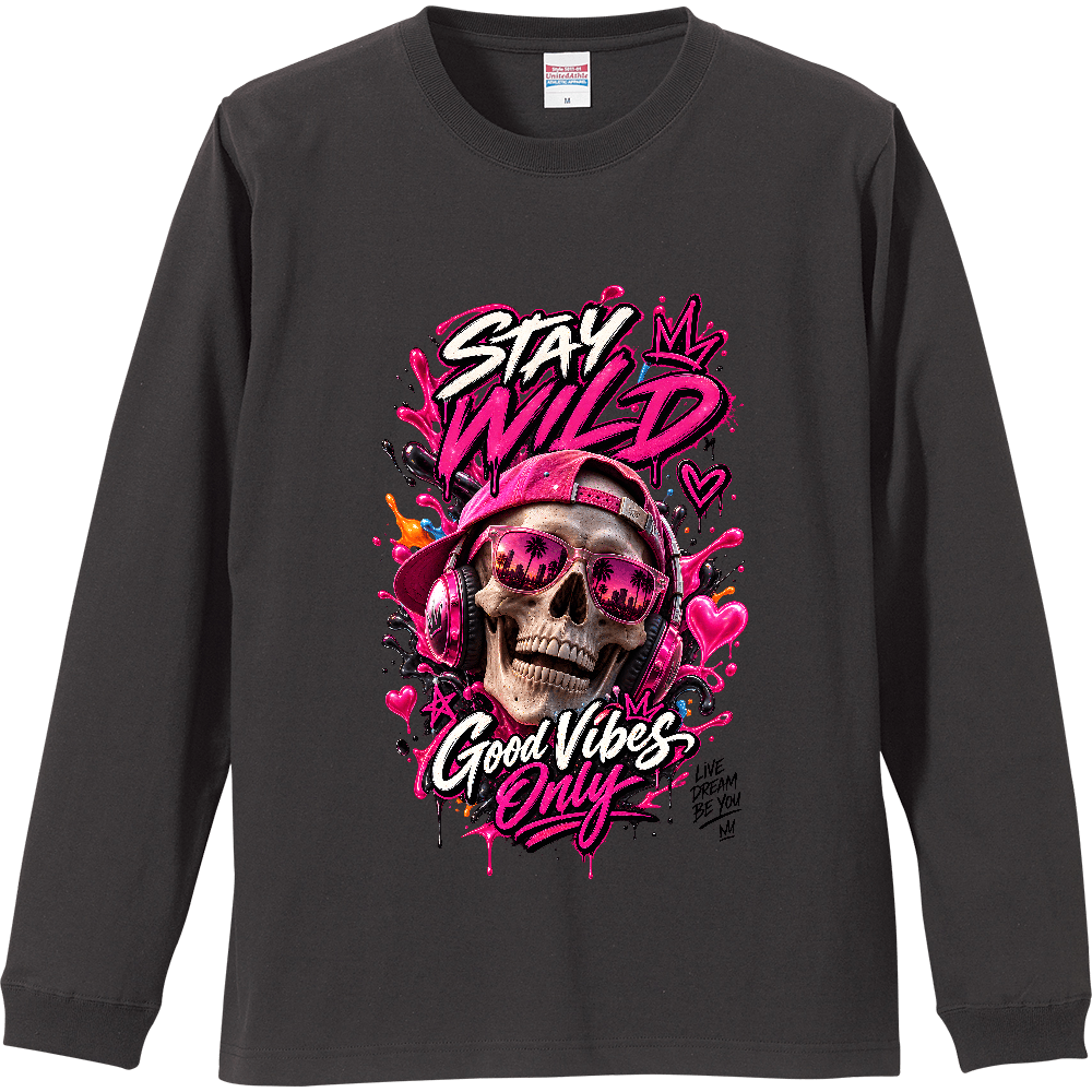 STAY WILD スカルレタリングロゴ リブ付きロンT
