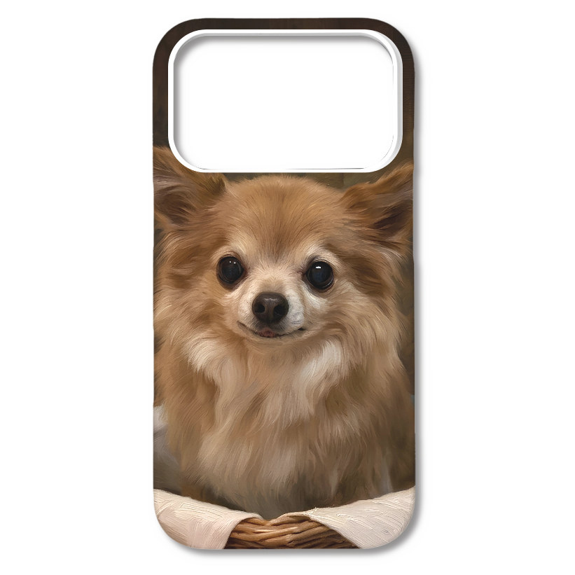 【iPhone17PROケース】バスケットとチワワの絵画
