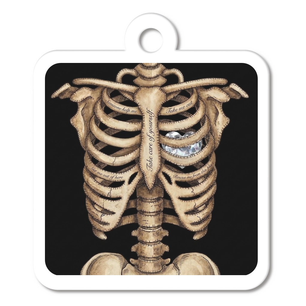 【エモい心臓】ガラスのハートと骸骨のアクリルキーホルダー/ 四角型 (4cm)/ 骨・ハロウィン・個性的