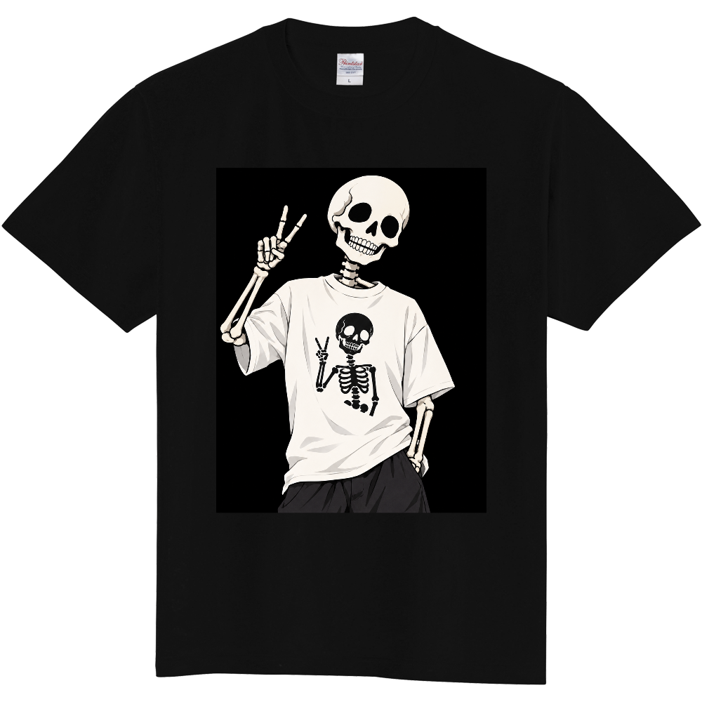 【エモい日常】ゆるポップ×ダーク ピースサインするガイコツ [Tシャツ]