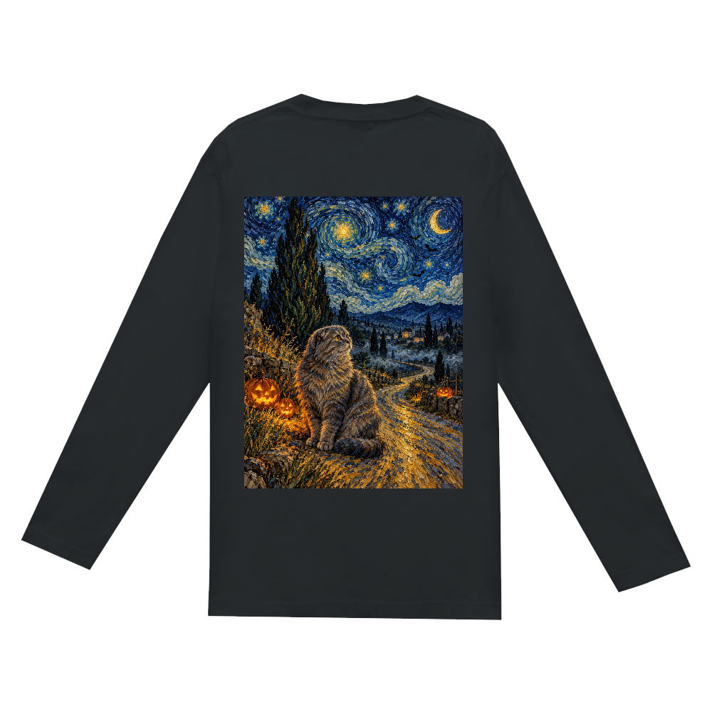 ハロウィン 星月夜の猫|アートバックプリント ロングTシャツ