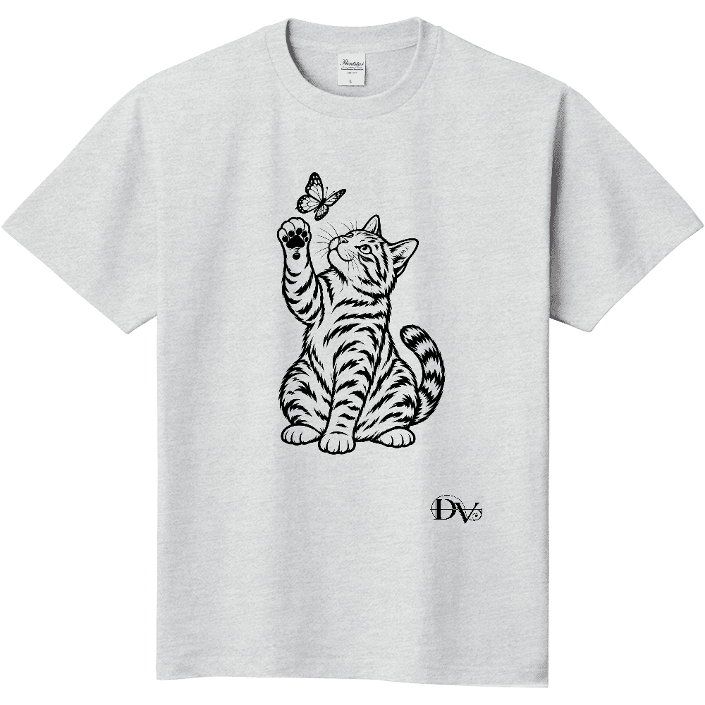 Tシャツ/ネコと蝶/アッシュ