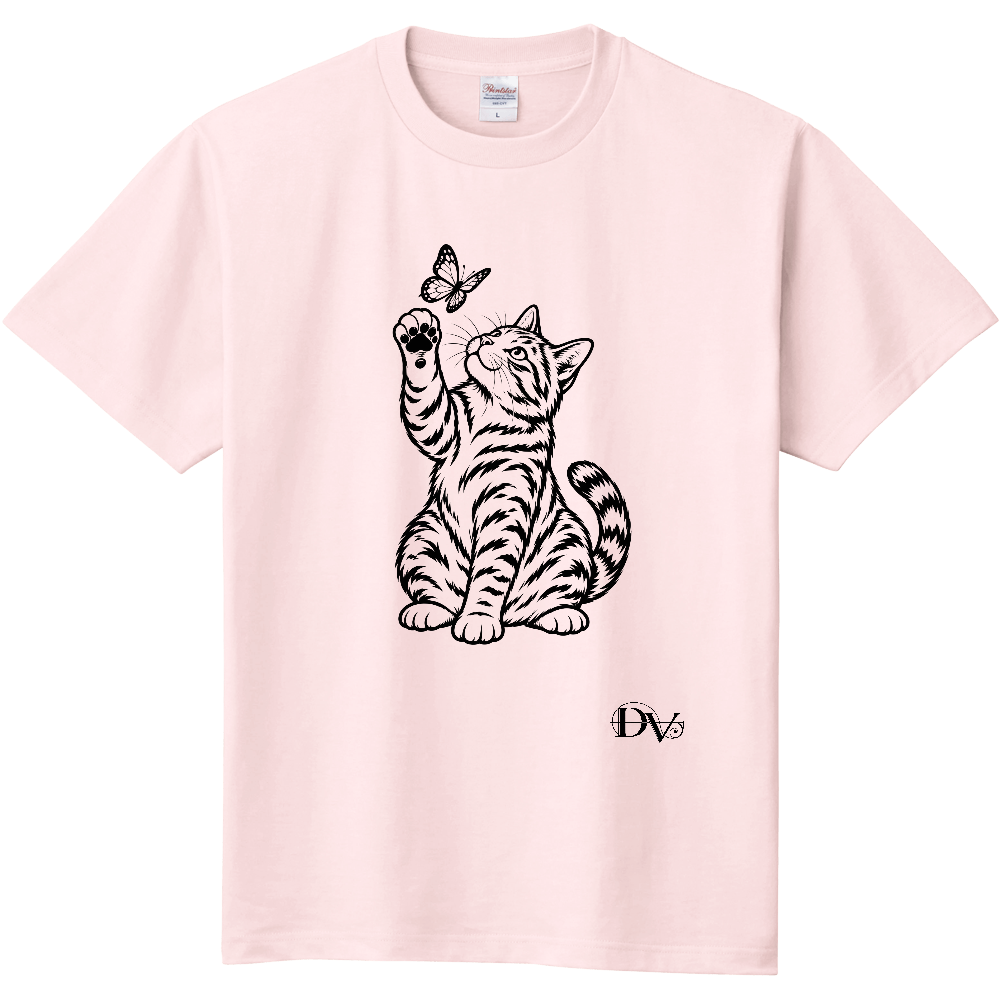 Tシャツ/ネコと蝶/ライトピンク