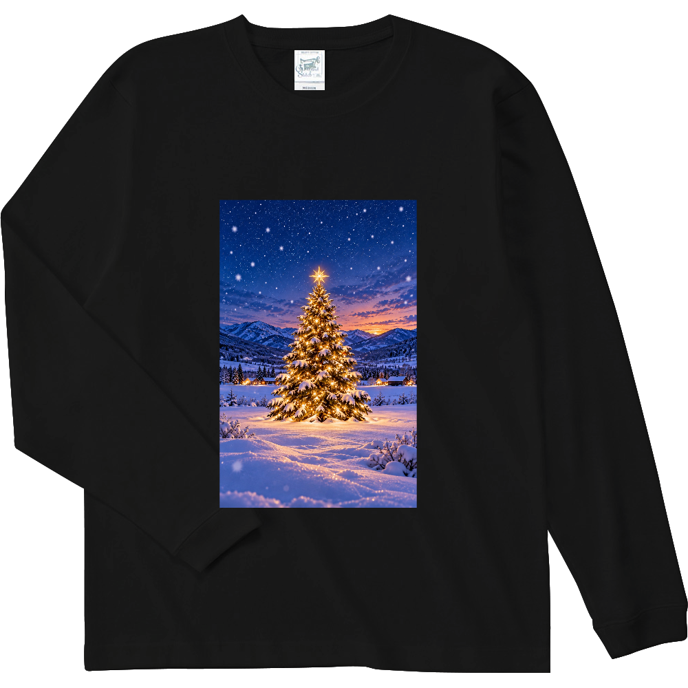 星降る雪夜のクリスマスツリー キッズ長袖Tシャツ