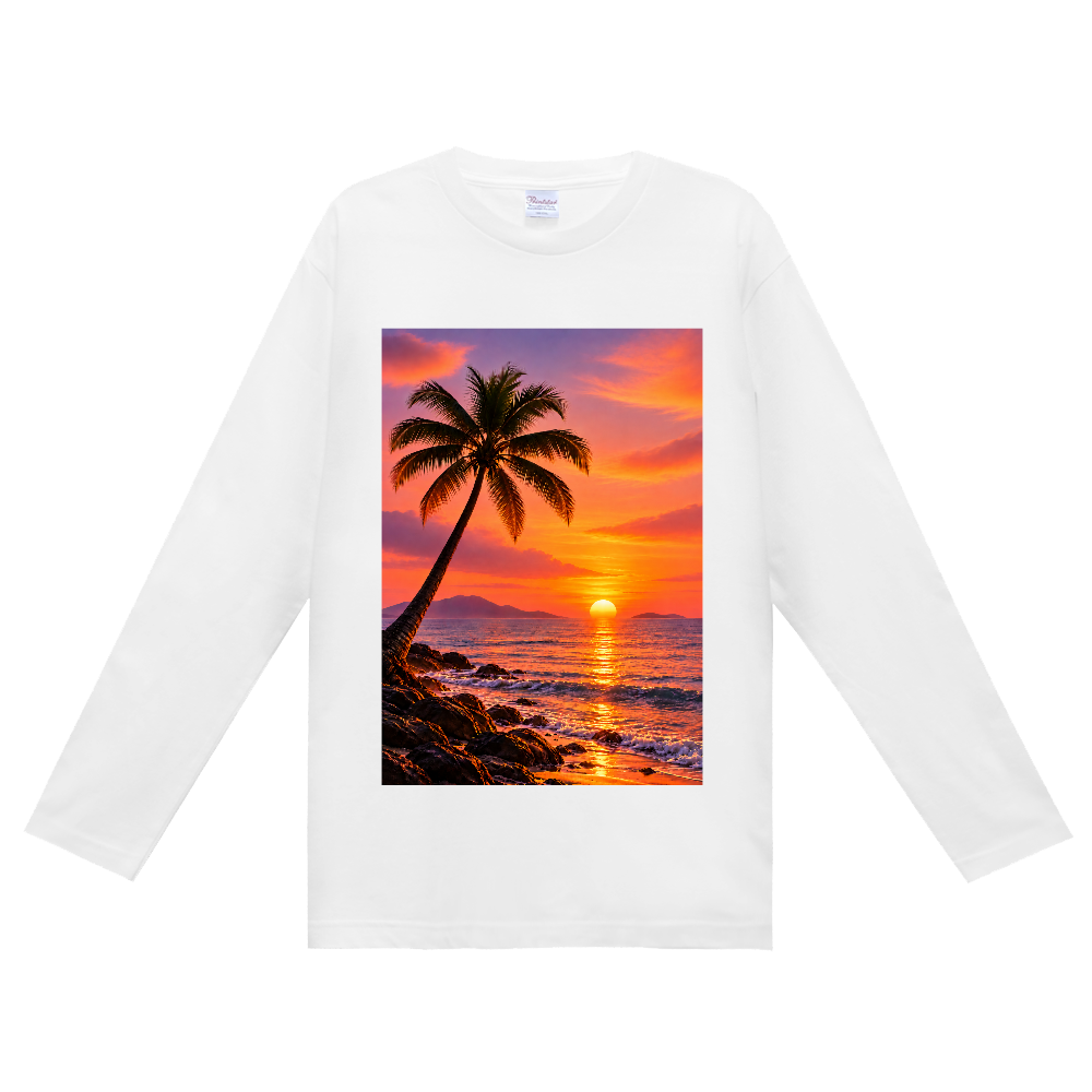 南国の夕陽とヤシの木の長袖Tシャツ