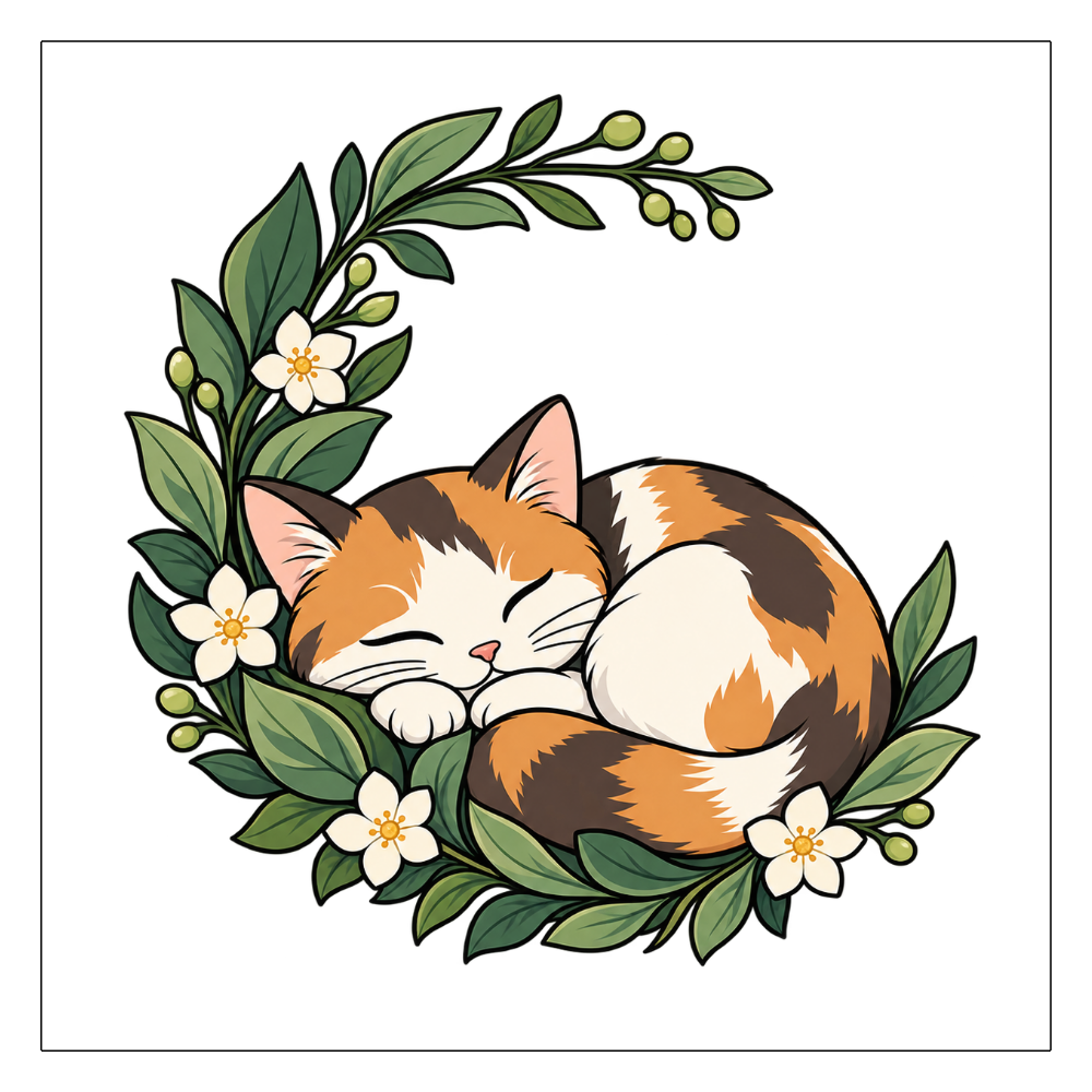 植物のゆりかごで眠る三毛猫